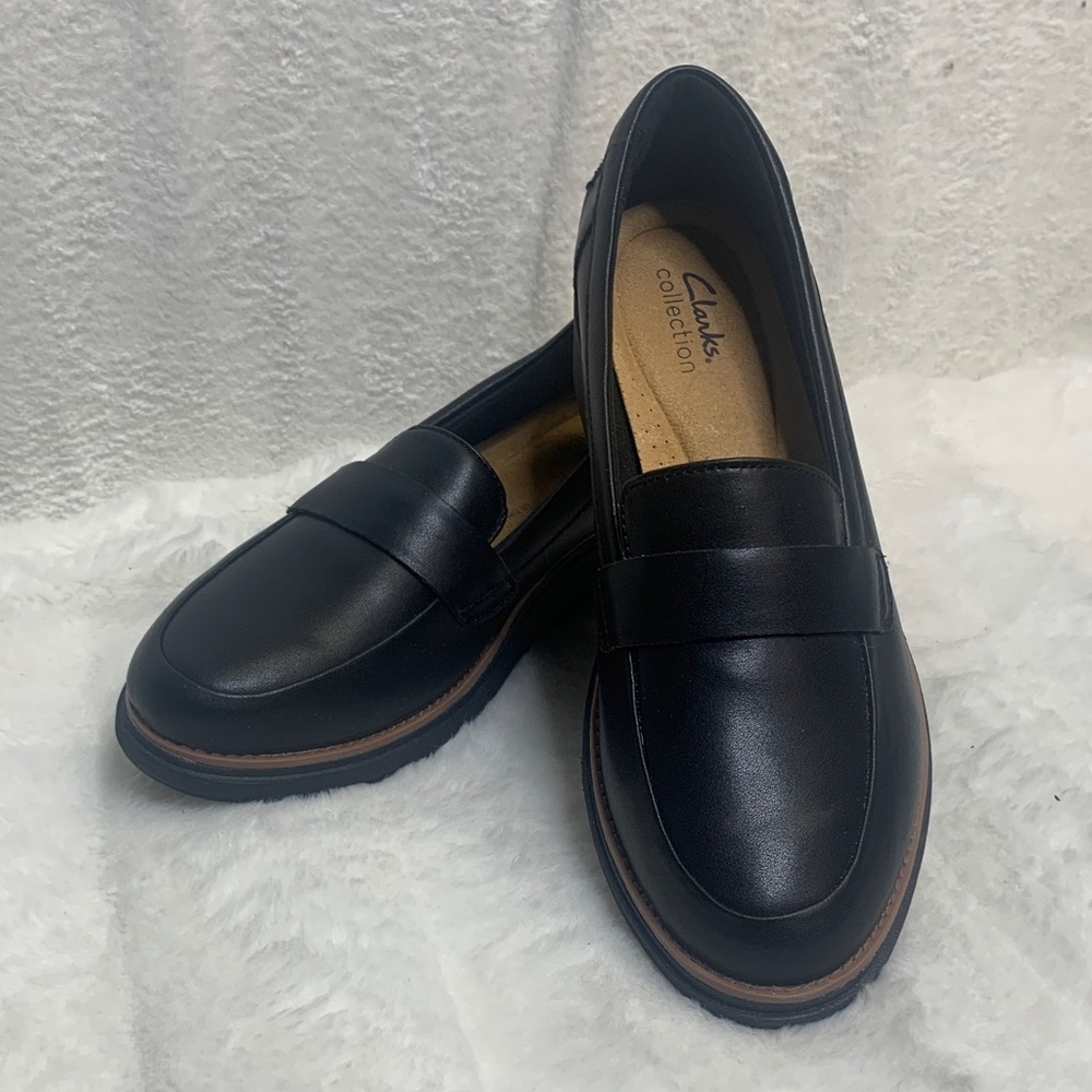Clarks Black Leather Penny Loafers